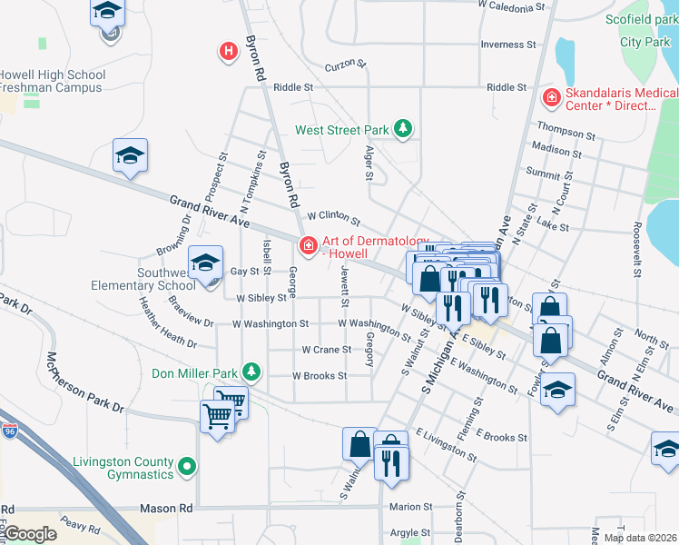 map of restaurants, bars, coffee shops, grocery stores, and more near 607 West Grand River Avenue in Howell