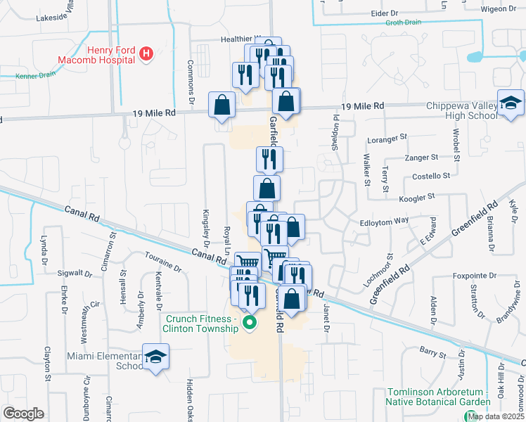 map of restaurants, bars, coffee shops, grocery stores, and more near 42467 Garfield Road in Clinton Township