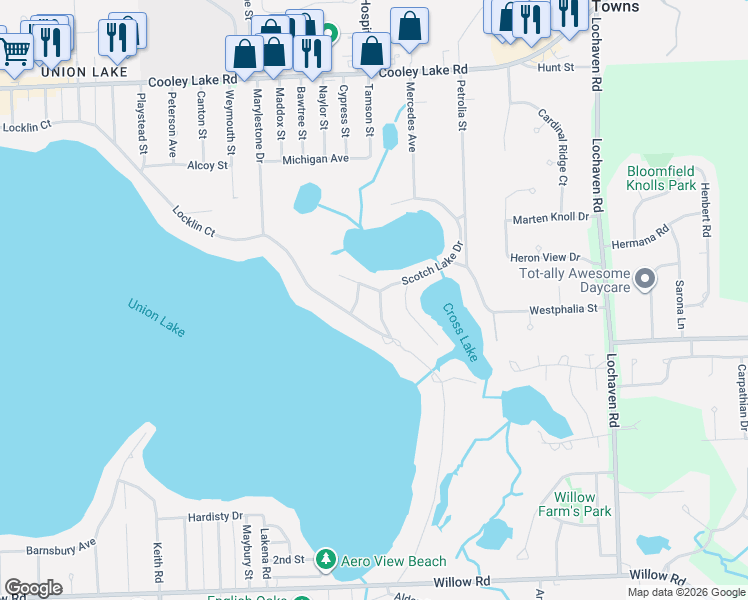 map of restaurants, bars, coffee shops, grocery stores, and more near 6699 Scotch Lake Drive in West Bloomfield Township