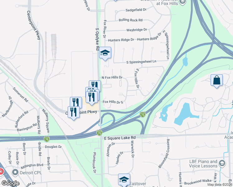 map of restaurants, bars, coffee shops, grocery stores, and more near 484 North Fox Hills Drive in Bloomfield Township