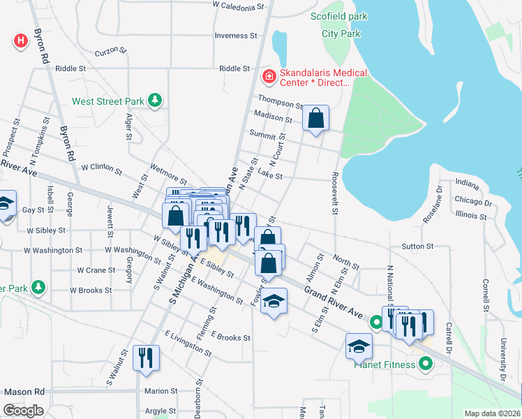 map of restaurants, bars, coffee shops, grocery stores, and more near 318 North Court Street in Howell