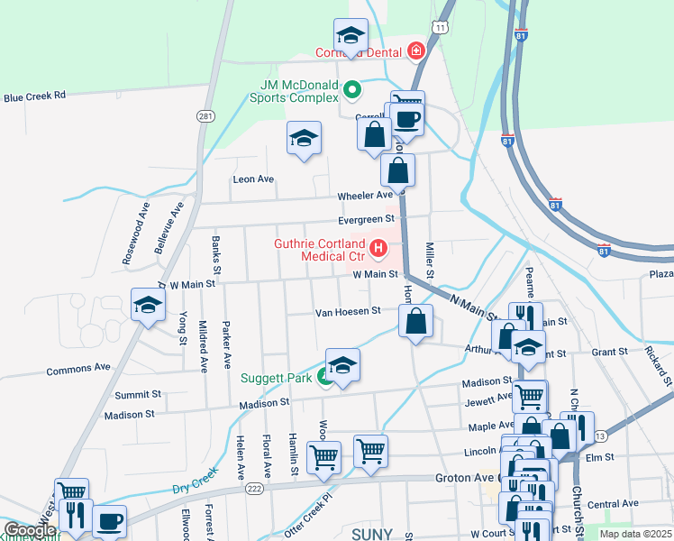 map of restaurants, bars, coffee shops, grocery stores, and more near 33-35 Alvena Avenue in Cortland