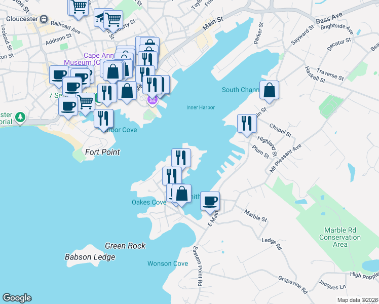 map of restaurants, bars, coffee shops, grocery stores, and more near 63 Rocky Neck Avenue in Gloucester