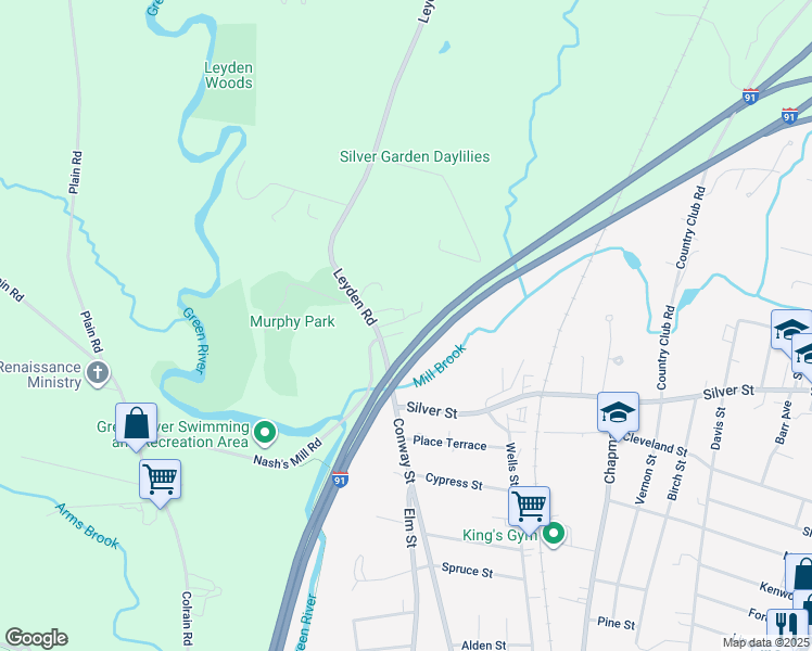 map of restaurants, bars, coffee shops, grocery stores, and more near 41 Leyden Road in Greenfield