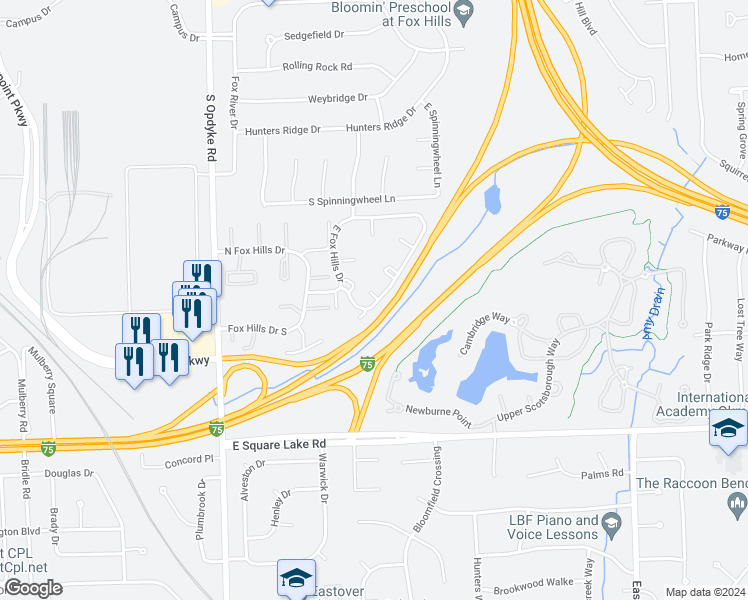 map of restaurants, bars, coffee shops, grocery stores, and more near 651 East Fox Hills Drive in Bloomfield Hills