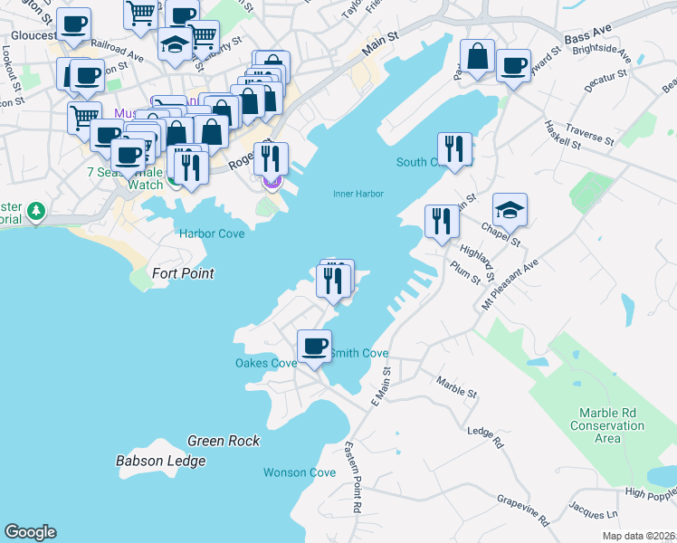map of restaurants, bars, coffee shops, grocery stores, and more near 63 Rocky Neck Avenue in Gloucester