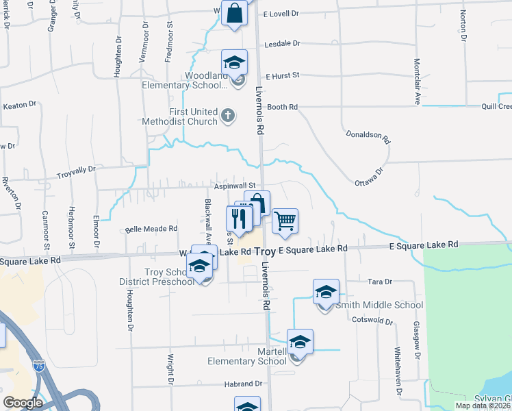 map of restaurants, bars, coffee shops, grocery stores, and more near 51 Aspinwall Drive in Troy