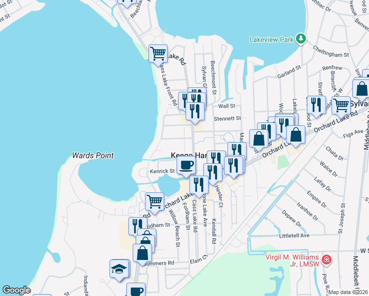 map of restaurants, bars, coffee shops, grocery stores, and more near 3023 Portman Street in Keego Harbor
