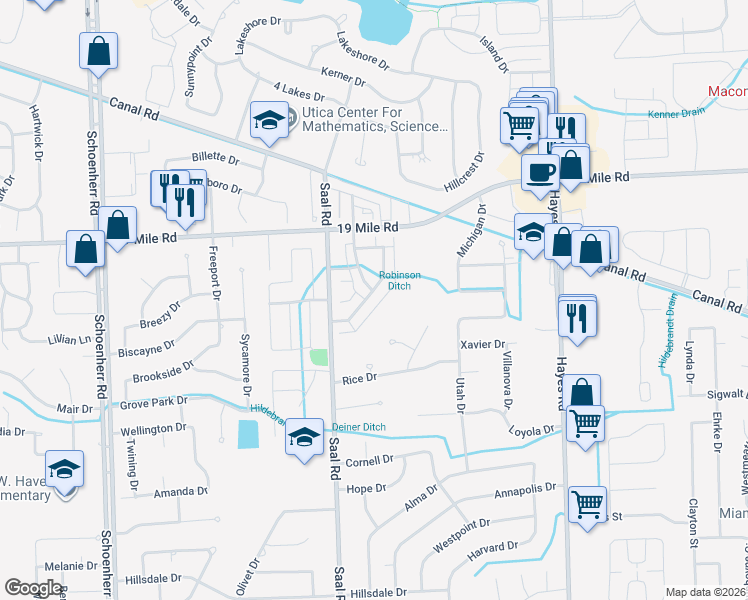 map of restaurants, bars, coffee shops, grocery stores, and more near 42556 Park Cresent Drive in Sterling Heights