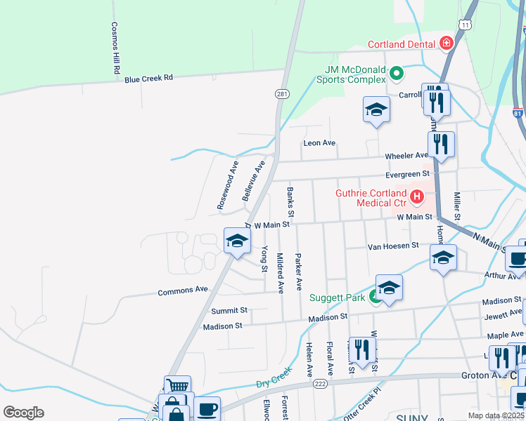 map of restaurants, bars, coffee shops, grocery stores, and more near 10 Glyndon Avenue in Cortland
