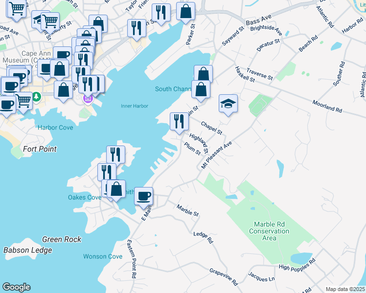 map of restaurants, bars, coffee shops, grocery stores, and more near 5 Pirates Lane in Gloucester