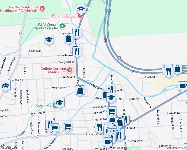map of restaurants, bars, coffee shops, grocery stores, and more near 6 Euclid Avenue in Cortland
