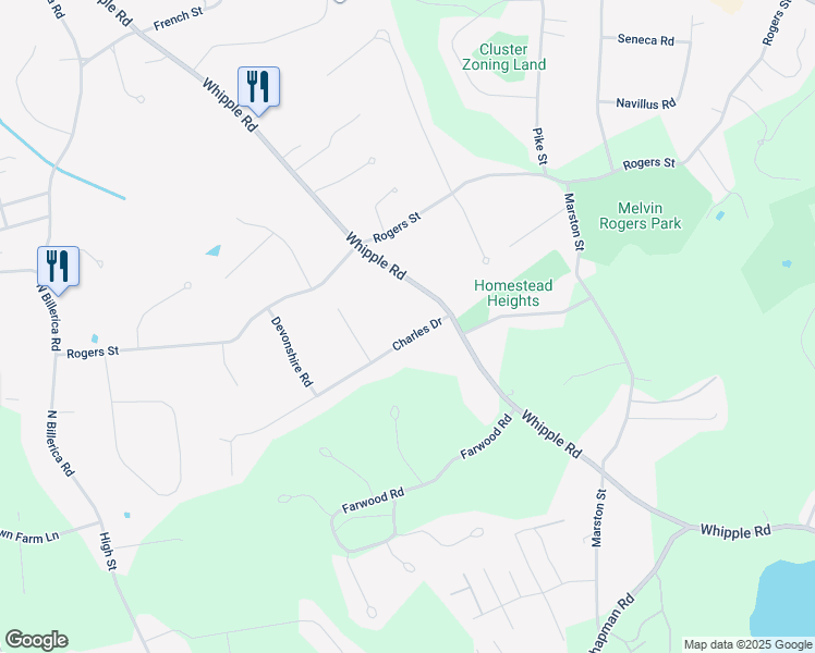 map of restaurants, bars, coffee shops, grocery stores, and more near 35 Charles Drive in Tewksbury