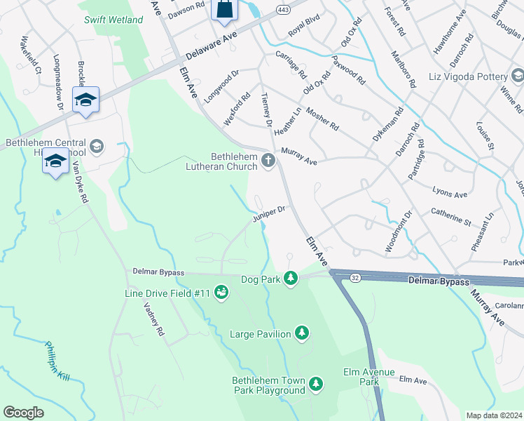 map of restaurants, bars, coffee shops, grocery stores, and more near 504 Astor Court in Delmar