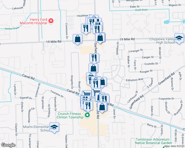 map of restaurants, bars, coffee shops, grocery stores, and more near 42467 Garfield Road in Clinton Township