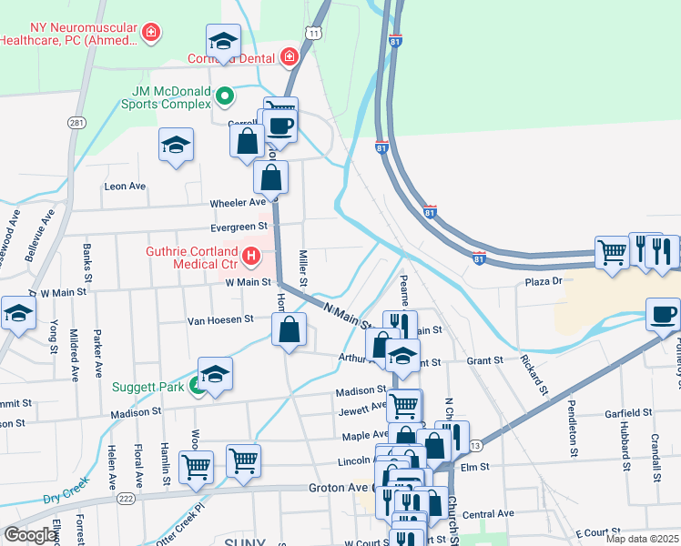 map of restaurants, bars, coffee shops, grocery stores, and more near 6 Euclid Avenue in Cortland