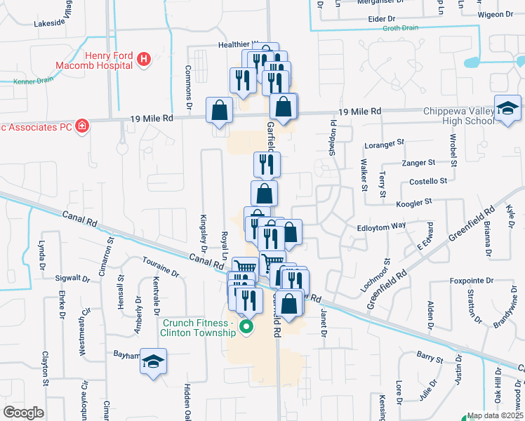 map of restaurants, bars, coffee shops, grocery stores, and more near 42467 Garfield Road in Clinton Township