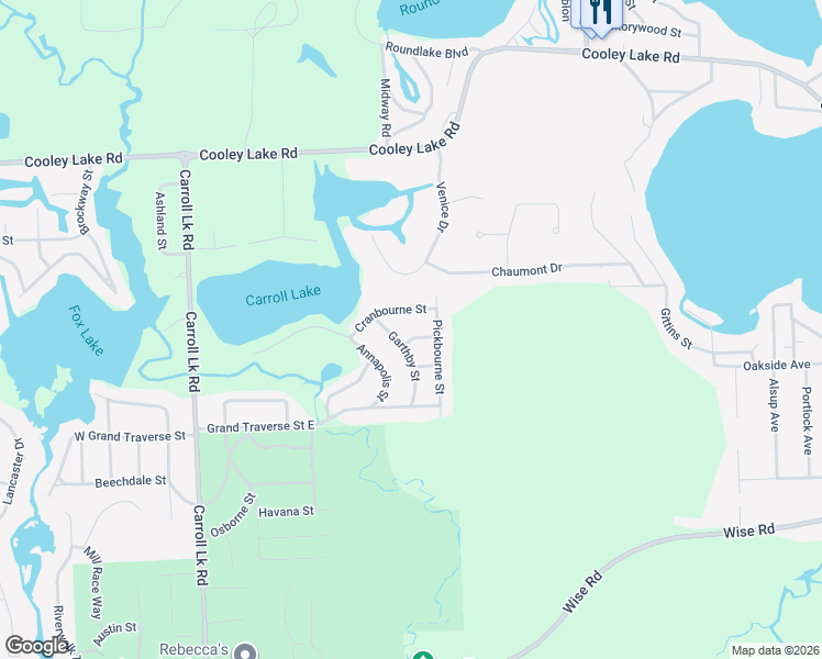 map of restaurants, bars, coffee shops, grocery stores, and more near 622 Cranbourne Street in Commerce Charter Township