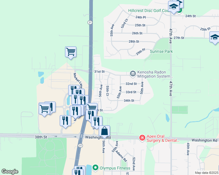 map of restaurants, bars, coffee shops, grocery stores, and more near 3225 55th Court in Kenosha