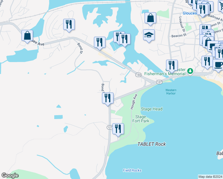 map of restaurants, bars, coffee shops, grocery stores, and more near 5 Marshfield Street in Gloucester