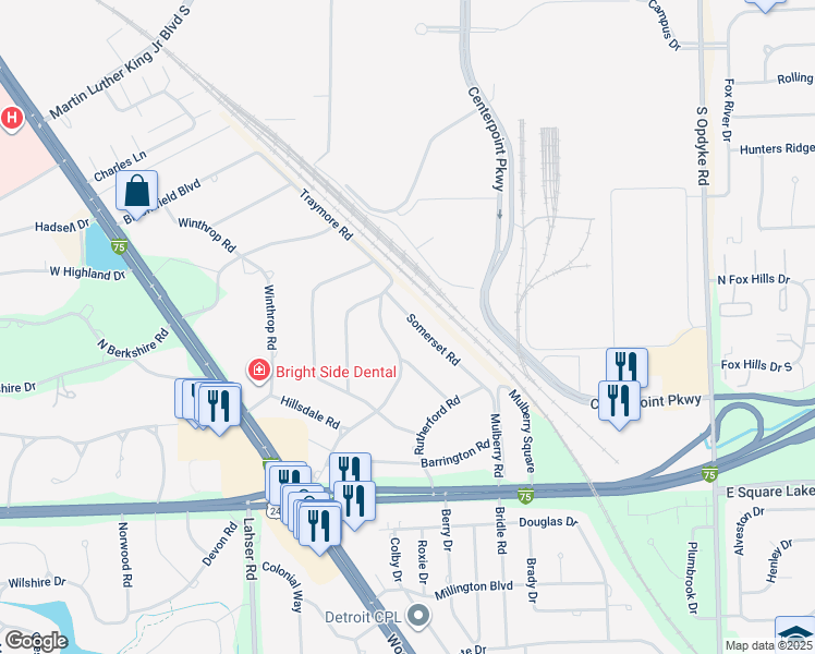 map of restaurants, bars, coffee shops, grocery stores, and more near 2168 Somerset Road in Bloomfield Hills