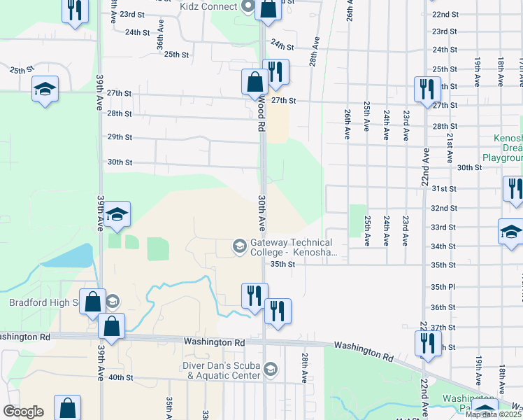 map of restaurants, bars, coffee shops, grocery stores, and more near 3222 30th Avenue in Kenosha