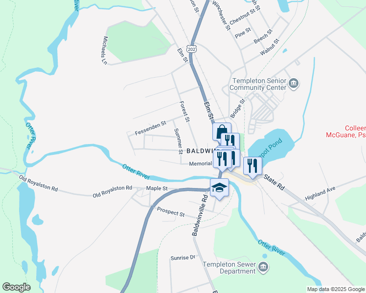 map of restaurants, bars, coffee shops, grocery stores, and more near 12 Forest Street in Templeton