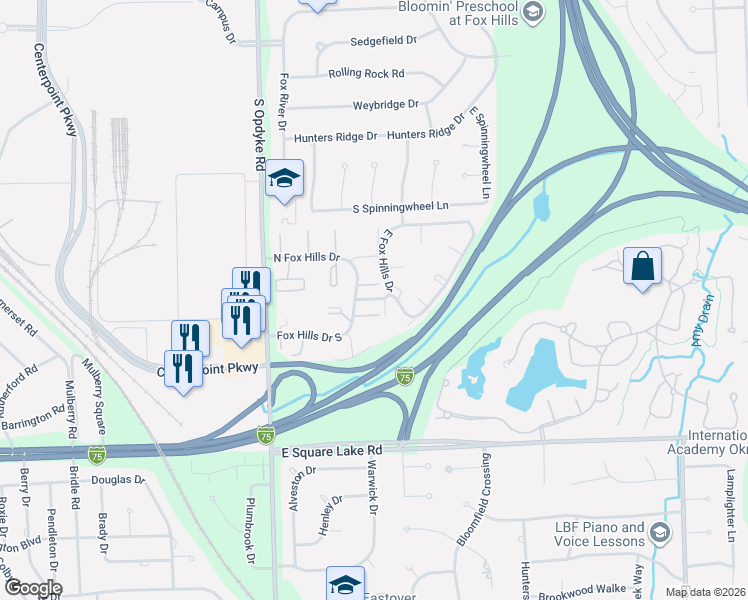 map of restaurants, bars, coffee shops, grocery stores, and more near 548 East Fox Hills Drive in Bloomfield Township