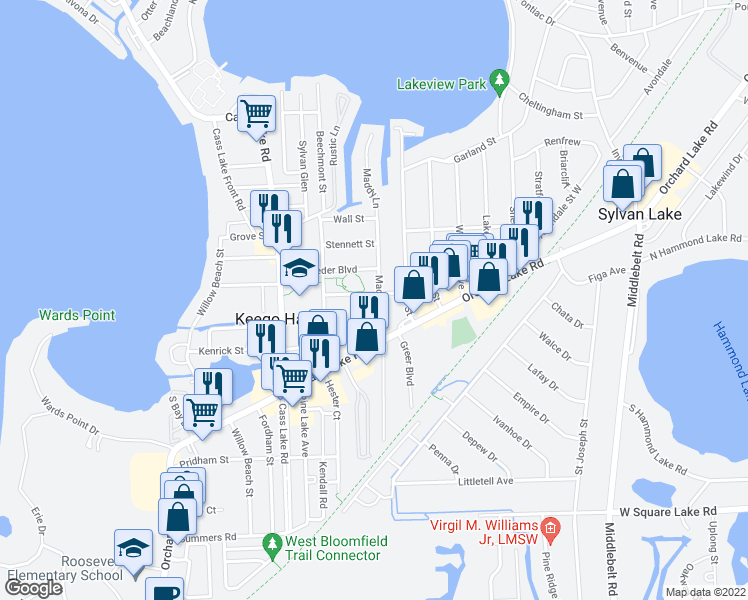 map of restaurants, bars, coffee shops, grocery stores, and more near 2066 Maddy Lane in Keego Harbor