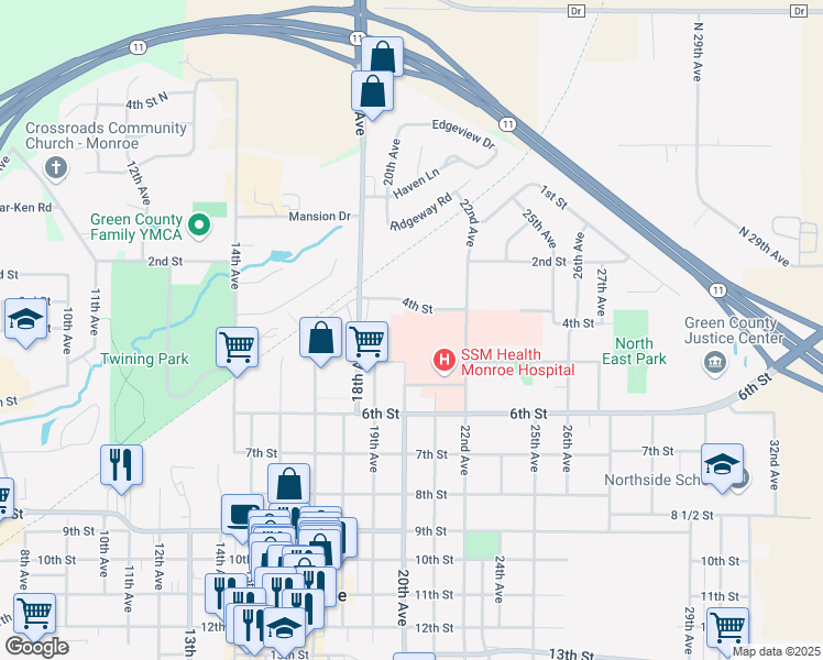 map of restaurants, bars, coffee shops, grocery stores, and more near 515 22nd Avenue in Monroe