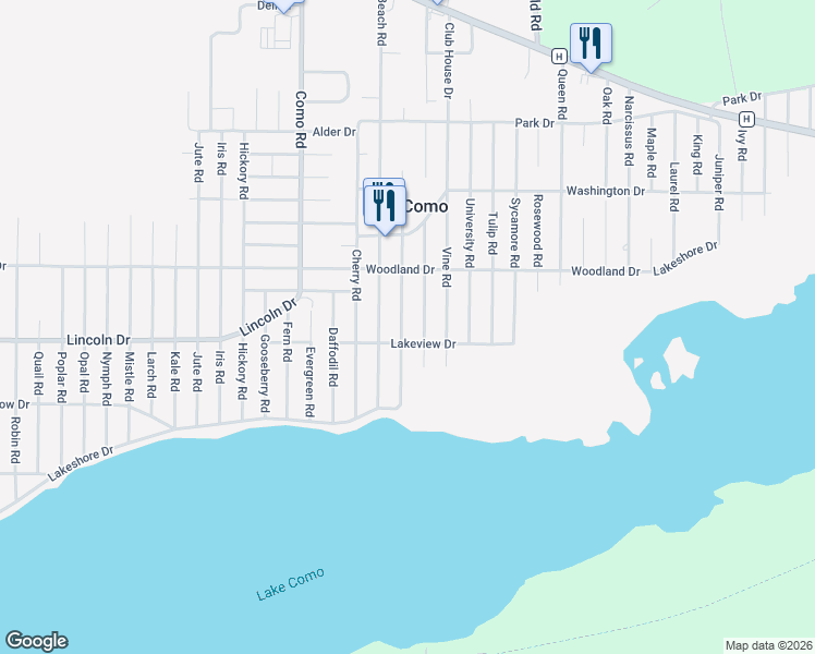 map of restaurants, bars, coffee shops, grocery stores, and more near N3232 Beach Road in Lake Geneva