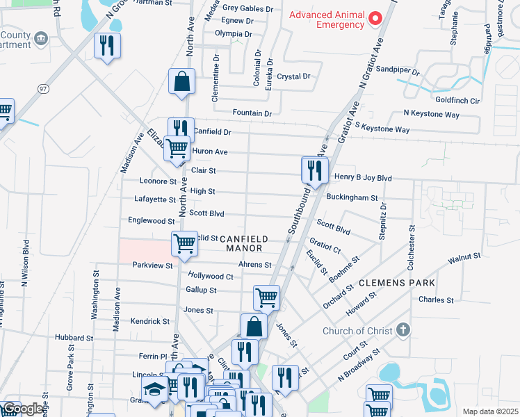 map of restaurants, bars, coffee shops, grocery stores, and more near 61 High Street in Mount Clemens
