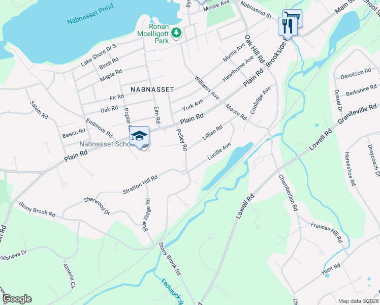 map of restaurants, bars, coffee shops, grocery stores, and more near 23 Polley Road in Westford