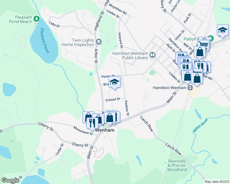 map of restaurants, bars, coffee shops, grocery stores, and more near 1 School Street in Wenham