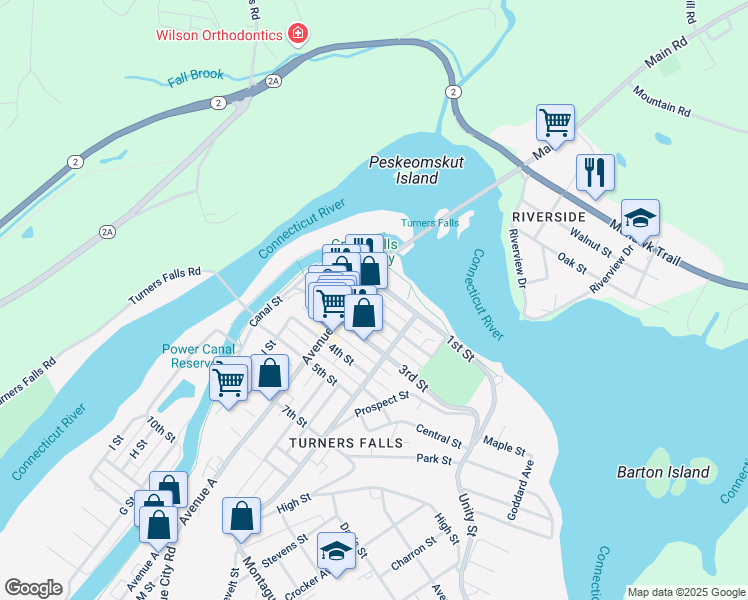 map of restaurants, bars, coffee shops, grocery stores, and more near 1 Gatehouse Drive in Montague