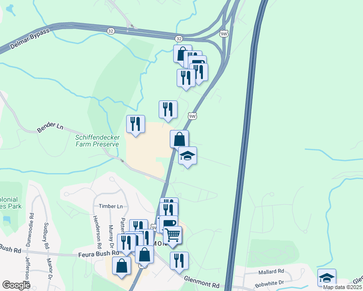 map of restaurants, bars, coffee shops, grocery stores, and more near 304 Route 9W in Glenmont