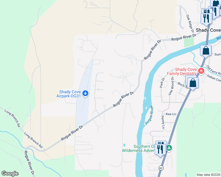 map of restaurants, bars, coffee shops, grocery stores, and more near 138 Orchard Lane in Shady Cove