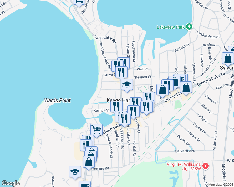 map of restaurants, bars, coffee shops, grocery stores, and more near 2038 Cass Lake Road in Keego Harbor