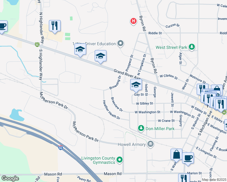 map of restaurants, bars, coffee shops, grocery stores, and more near 1144 Braeview Drive in Howell