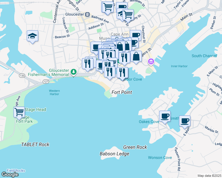 map of restaurants, bars, coffee shops, grocery stores, and more near 10 Fort Square in Gloucester