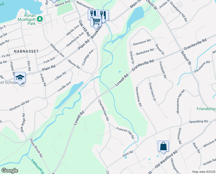 map of restaurants, bars, coffee shops, grocery stores, and more near 3 Lambert Way in Westford