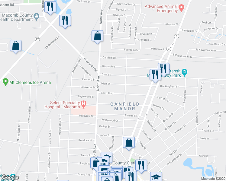 map of restaurants, bars, coffee shops, grocery stores, and more near 98 East Scott Boulevard in Mount Clemens