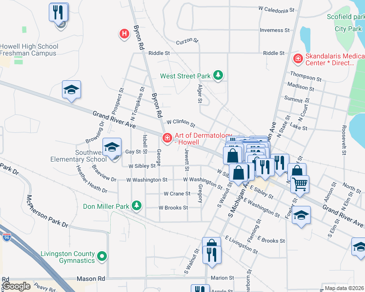 map of restaurants, bars, coffee shops, grocery stores, and more near 607 West Grand River Avenue in Howell