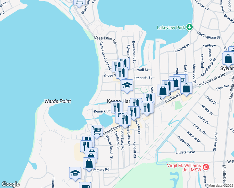 map of restaurants, bars, coffee shops, grocery stores, and more near 2038 Cass Lake Road in Keego Harbor