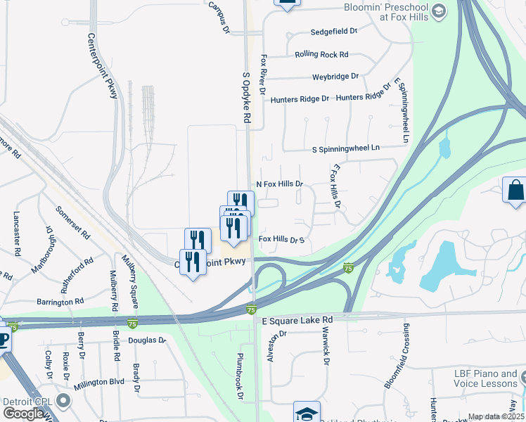 map of restaurants, bars, coffee shops, grocery stores, and more near 430 North Fox Hills Drive in Bloomfield Hills