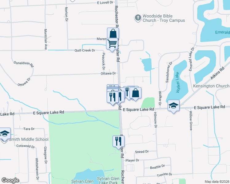 map of restaurants, bars, coffee shops, grocery stores, and more near 6129 Rochester Road in Troy