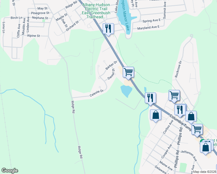 map of restaurants, bars, coffee shops, grocery stores, and more near 33 Celeste Drive in Rensselaer