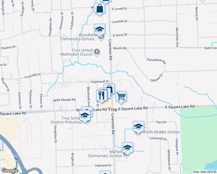 map of restaurants, bars, coffee shops, grocery stores, and more near 51 Aspinwall Drive in Troy