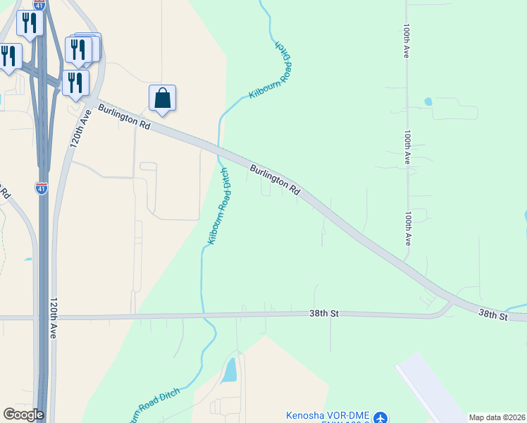 map of restaurants, bars, coffee shops, grocery stores, and more near 10701 Burlington Road in Kenosha