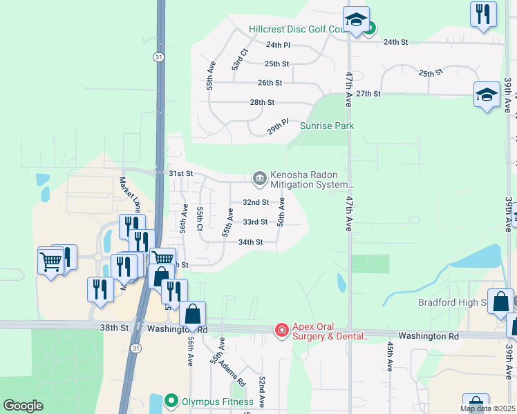 map of restaurants, bars, coffee shops, grocery stores, and more near 5207 32nd Street in Kenosha